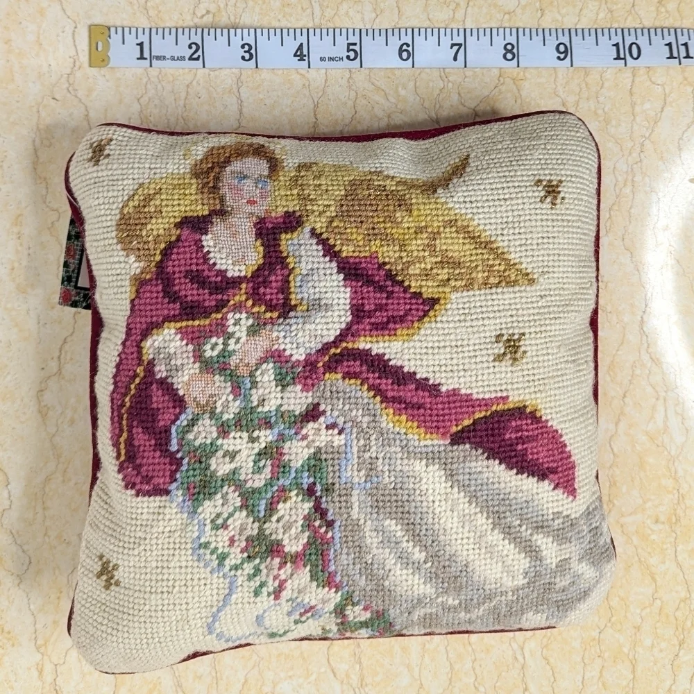 Vintage Style Needlepoint Christmas Holiday Angel Small Wool Pillow NWT